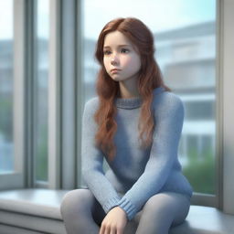 A highly detailed 3D render of Emily, a sad girl, sitting thoughtfully by a large window with a gloomy, overcast sky outside