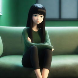 A highly detailed 3D render of Lisa, a depressed girl, sitting thoughtfully on a plush sofa