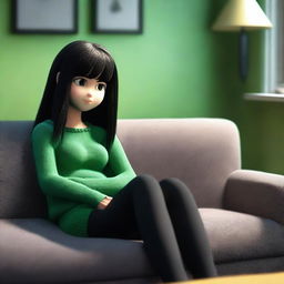 A highly detailed 3D render of Lisa, a depressed girl, sitting thoughtfully on a plush sofa