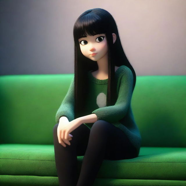 A highly detailed 3D render of Lisa, a depressed girl, sitting thoughtfully on a plush sofa