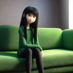 A highly detailed 3D render of Lisa, a depressed girl, sitting thoughtfully on a plush sofa