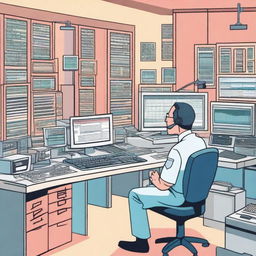 A cartoon of a man sitting at a computer desk surrounded by a nurse call system, computers, network switches, large display screens, and mainframes