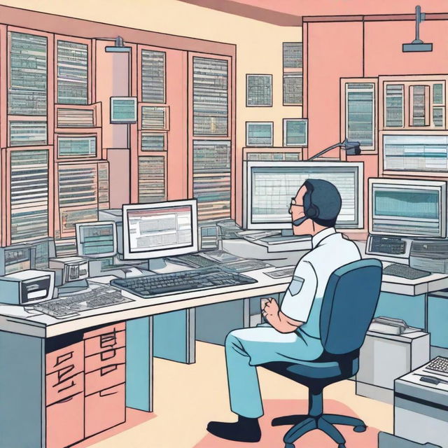 A cartoon of a man sitting at a computer desk surrounded by a nurse call system, computers, network switches, large display screens, and mainframes