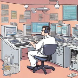 A cartoon of a man sitting at a computer desk surrounded by a nurse call system, computers, network switches, large display screens, and mainframes