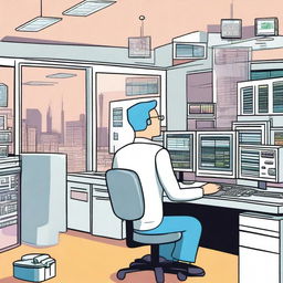 A cartoon of a man sitting at a computer desk surrounded by a nurse call system, computers, network switches, large display screens, and mainframes