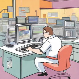 A cartoon of a man sitting at a computer desk surrounded by a nurse call system, computers, network switches, large display screens, and mainframes