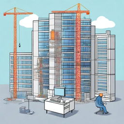 A cartoon version of a single building, half-built hospital construction site