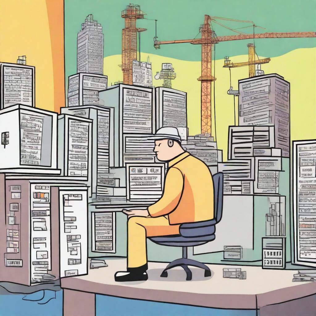 A cartoon version of a single building, half-built hospital construction site with tower cranes