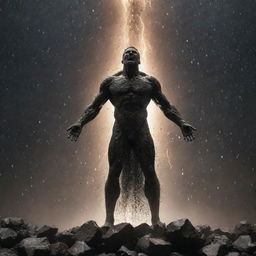 A heroic figure standing firm, sending a powerful shower of meteorites towards an evil person being engulfed in the cosmic rain