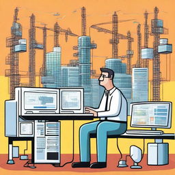 A cartoon version of a hospital construction site with tower cranes