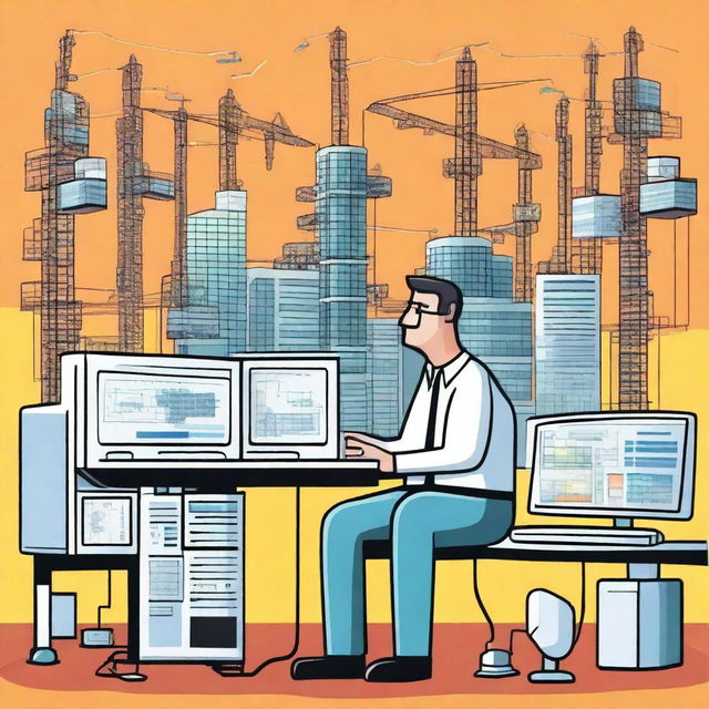 A cartoon version of a hospital construction site with tower cranes