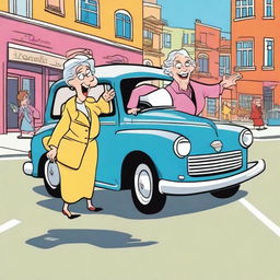 A cartoon image of a Jewish lady driving a car and an old lady crossing the street