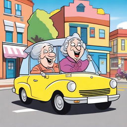 A cartoon image of a Jewish lady driving a car and an old lady crossing the street