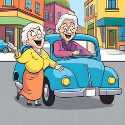 A cartoon image of a Jewish lady driving a car and an old lady crossing the street