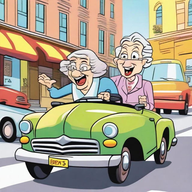 A cartoon image of a Jewish lady driving a car and an old lady crossing the street