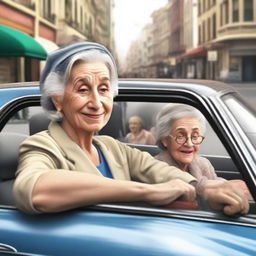 A realistic image of a Jewish lady driving a car and an old lady crossing the street