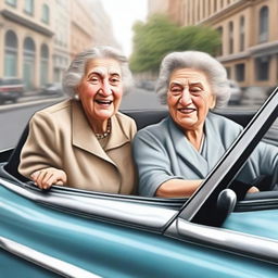 A realistic image of a Jewish lady driving a car and an old lady crossing the street