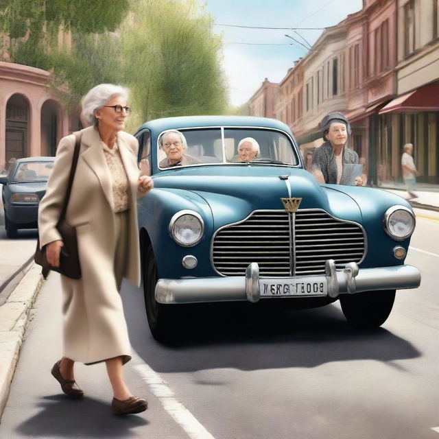 A realistic image of a Jewish lady driving a car and an old lady crossing the street