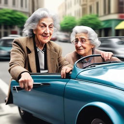 A realistic image of a Jewish lady driving a car and an old lady crossing the street