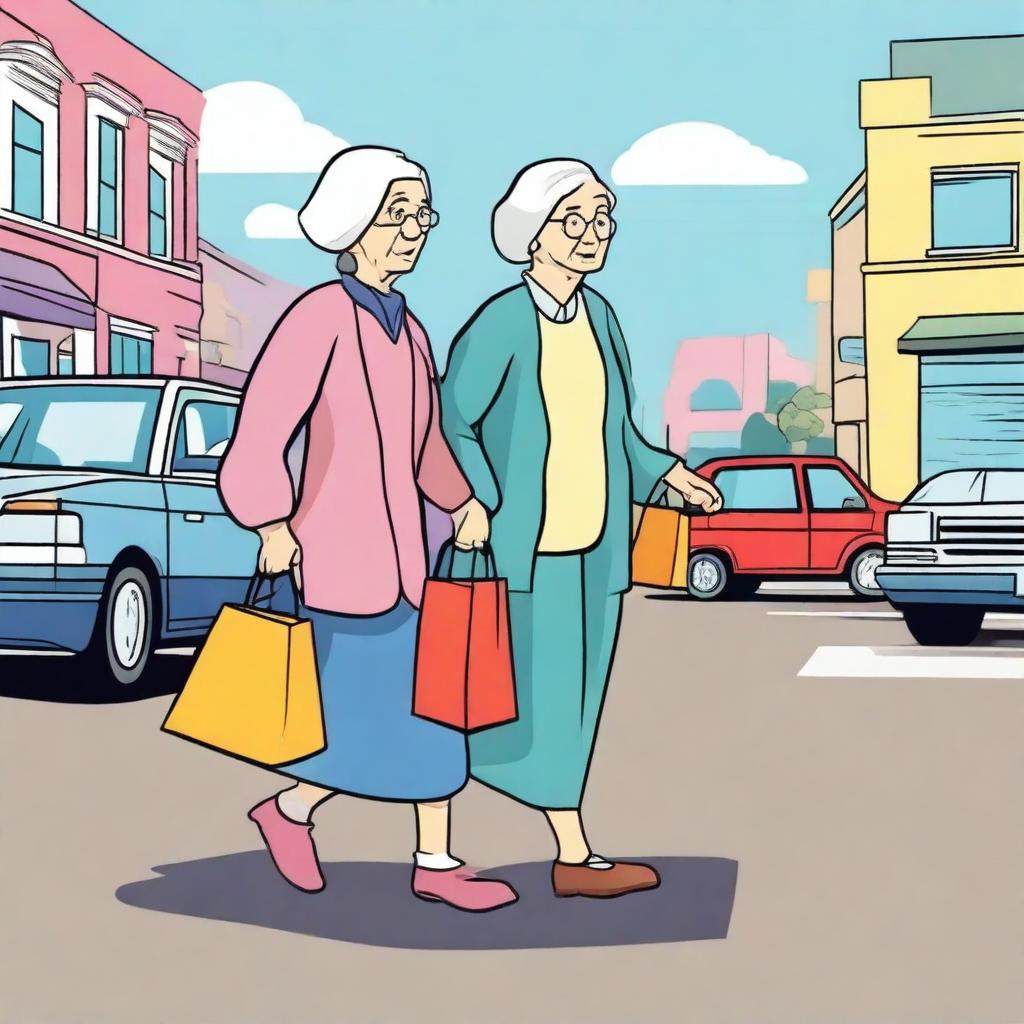 An old lady crossing the street holding grocery bags while a young Jewish lady drives a Honda Odyssey in the background