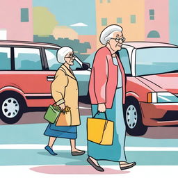 An old lady crossing the street holding grocery bags while a young Jewish lady drives a Honda Odyssey in the background