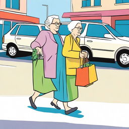 An old lady crossing the street holding grocery bags while a young Jewish lady drives a Honda Odyssey in the background