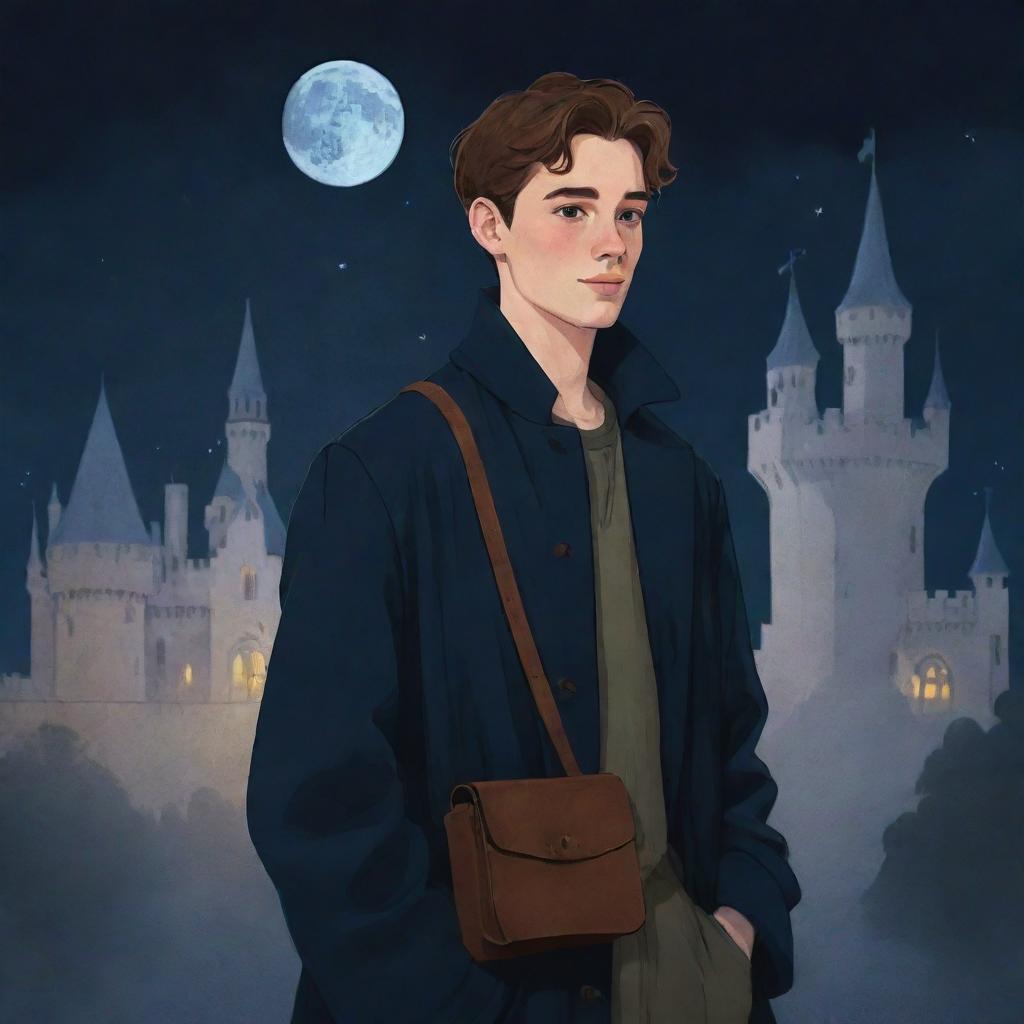 Disney-style illustration of a teenage boy with a hint of facial hair and an earring, dressed in a medieval long coat and a cloth shoulder bag, with a haunted castle calmly resting in the background under a dark night sky.