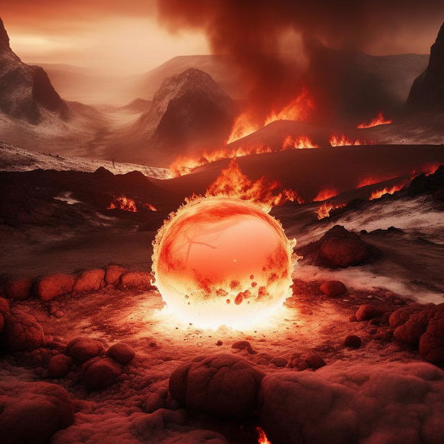 A brave and defiant snowball in the midst of a Hellish landscape with flames and emberred rocks, somehow maintaining its icy form despite the surrounding heat