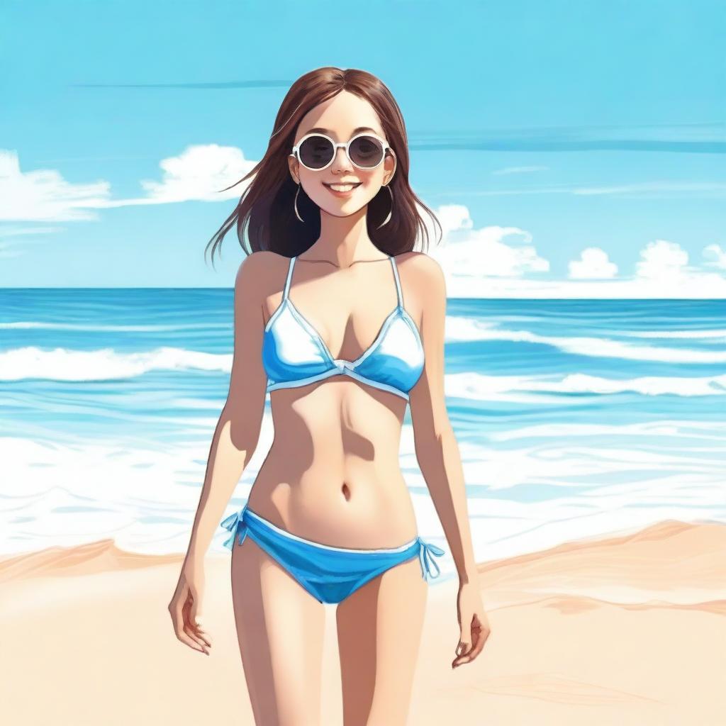 A petite girl wearing a bikini, standing on a sunny beach with clear blue skies and gentle waves in the background