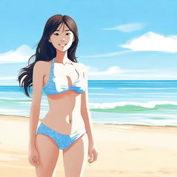 A petite girl wearing a bikini, standing on a sunny beach with clear blue skies and gentle waves in the background