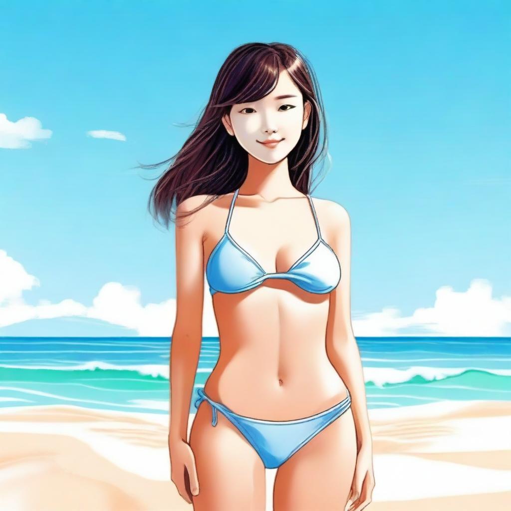 A petite girl wearing a bikini, standing on a sunny beach with clear blue skies and gentle waves in the background