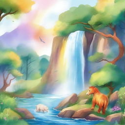 A beautiful rainbow arching over a cascading waterfall, illustrated in watercolor style