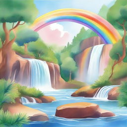 A beautiful rainbow arching over a cascading waterfall, illustrated in watercolor style