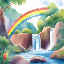 A beautiful rainbow arching over a cascading waterfall, illustrated in watercolor style