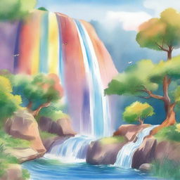 A beautiful rainbow arching over a cascading waterfall, illustrated in watercolor style