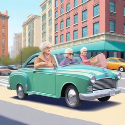 A realistic illustration of an old woman crossing the street with shopping bags while a young lady drives a car