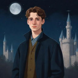 Disney-style illustration of a teenage boy with a hint of facial hair and an earring, dressed in a medieval long coat and a cloth shoulder bag, with a haunted castle calmly resting in the background under a dark night sky.