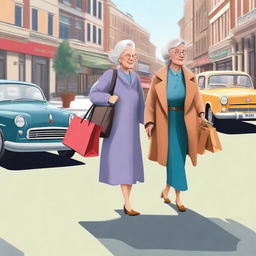 A realistic illustration of an old woman crossing the street with shopping bags while a young lady drives a car