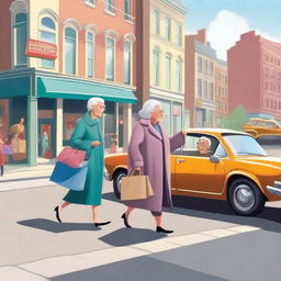 A realistic illustration of an old woman crossing the street with shopping bags while a young lady drives a car