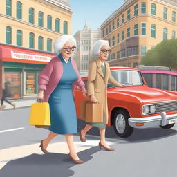 A realistic illustration of an old woman crossing the street with shopping bags while a young lady drives a car