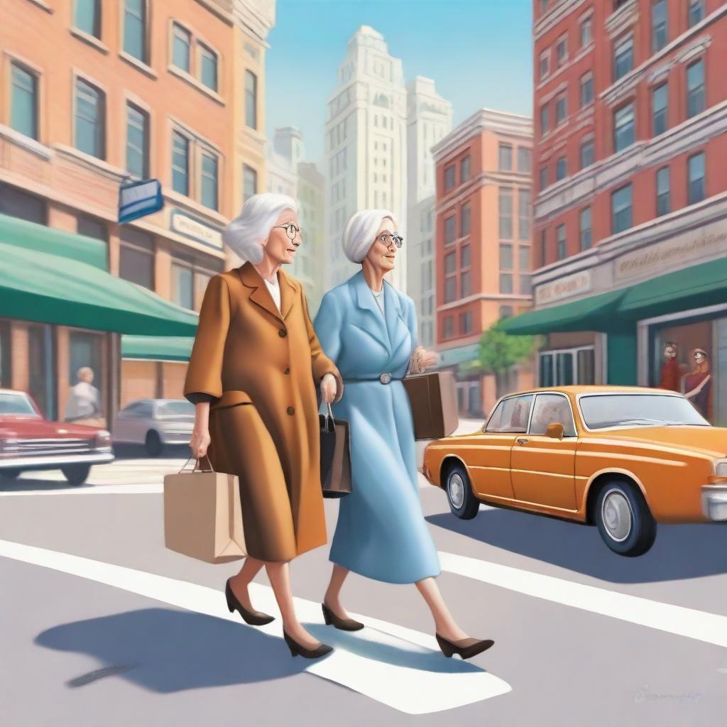 A realistic illustration of an old woman crossing the street with shopping bags while a young Jewish lady drives a car