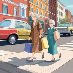 A realistic illustration of an old woman crossing the street with shopping bags while a young Jewish lady drives a car