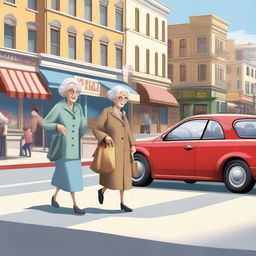 A realistic illustration of an old woman crossing the street with shopping bags while a young Jewish lady drives a car