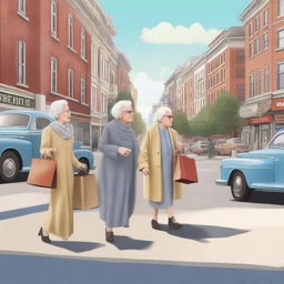 A realistic illustration of an old woman crossing the street with shopping bags while a young Jewish lady drives a car