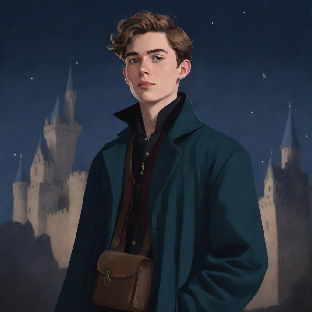 Disney-style illustration of a teenage boy with a hint of facial hair and an earring, dressed in a medieval long coat and a cloth shoulder bag, with a haunted castle calmly resting in the background under a dark night sky.