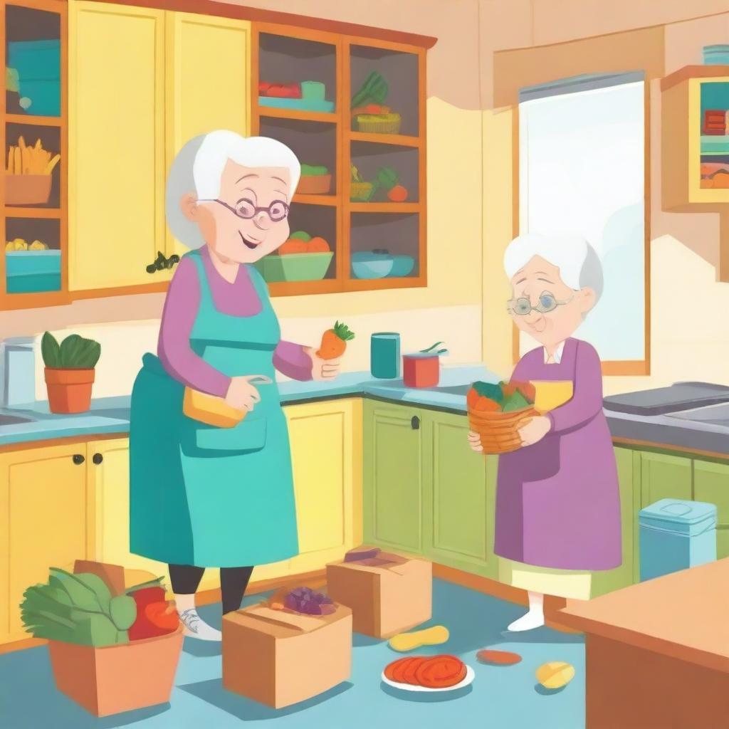 An old lady and a young lady unpacking groceries in a cozy kitchen