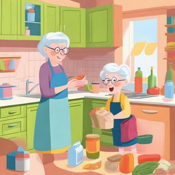 An old lady and a young lady unpacking groceries in a cozy kitchen