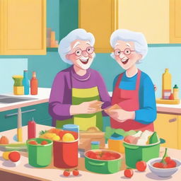 An old lady and a young lady unpacking groceries in a cozy kitchen