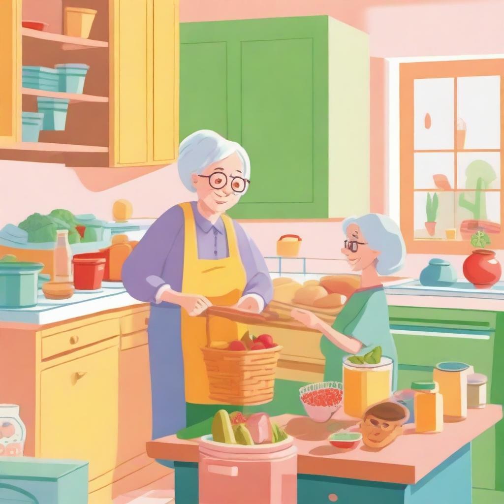 An old lady and a young lady unpacking groceries in a cozy kitchen