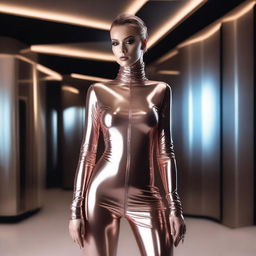 A detailed image featuring a model wearing a latex outfit